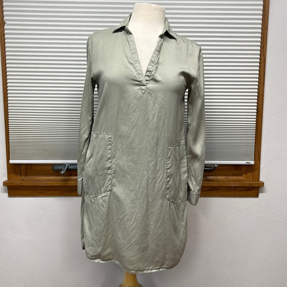 C&C California Sage Green 100% Roll Tab Sleeve Shirt Dress With Pockets Small
